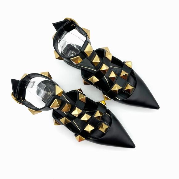 VALENTINO Roman Rockstud Black Gold Cage Flat 38.5 Pointed Toe Leather Gladiator - Picture 4 of 15